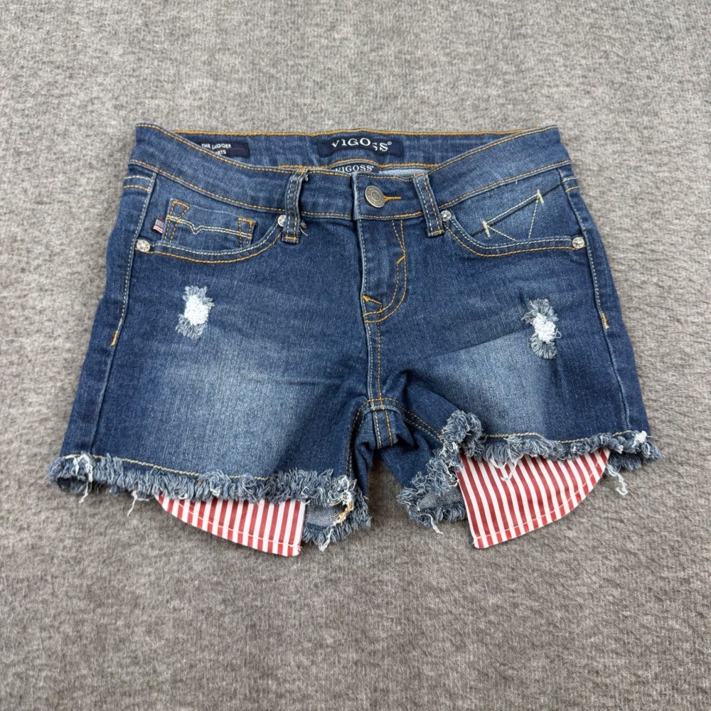 Vigoss The Jagger Shorts Girls Size 12 Blue Distressed Cut Off Striped Pockets